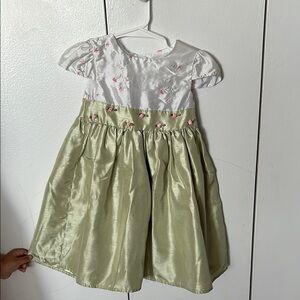 Elegant White and Green Dress with Floral Embroidery